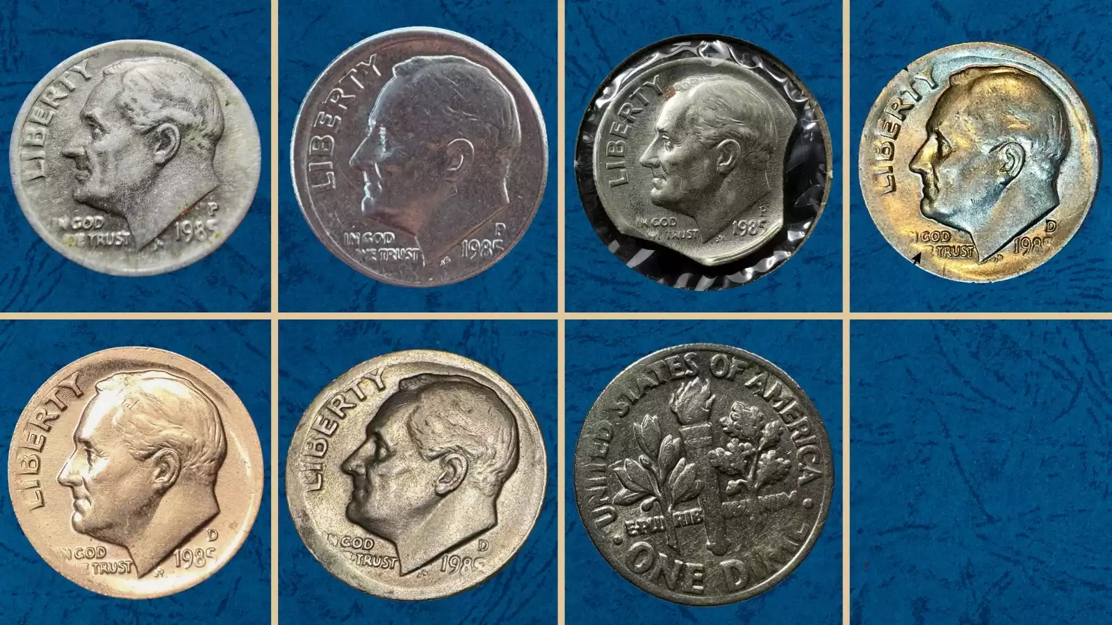 Group of 1985 Roosevelt dimes arranged by grade from circulated to gem uncirculated
