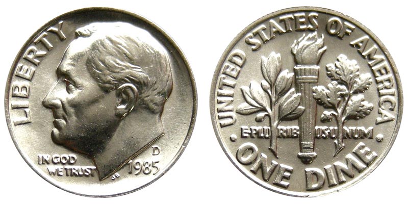 Grading strip showing 1985 Roosevelt dimes from worn to gem uncirculated condition